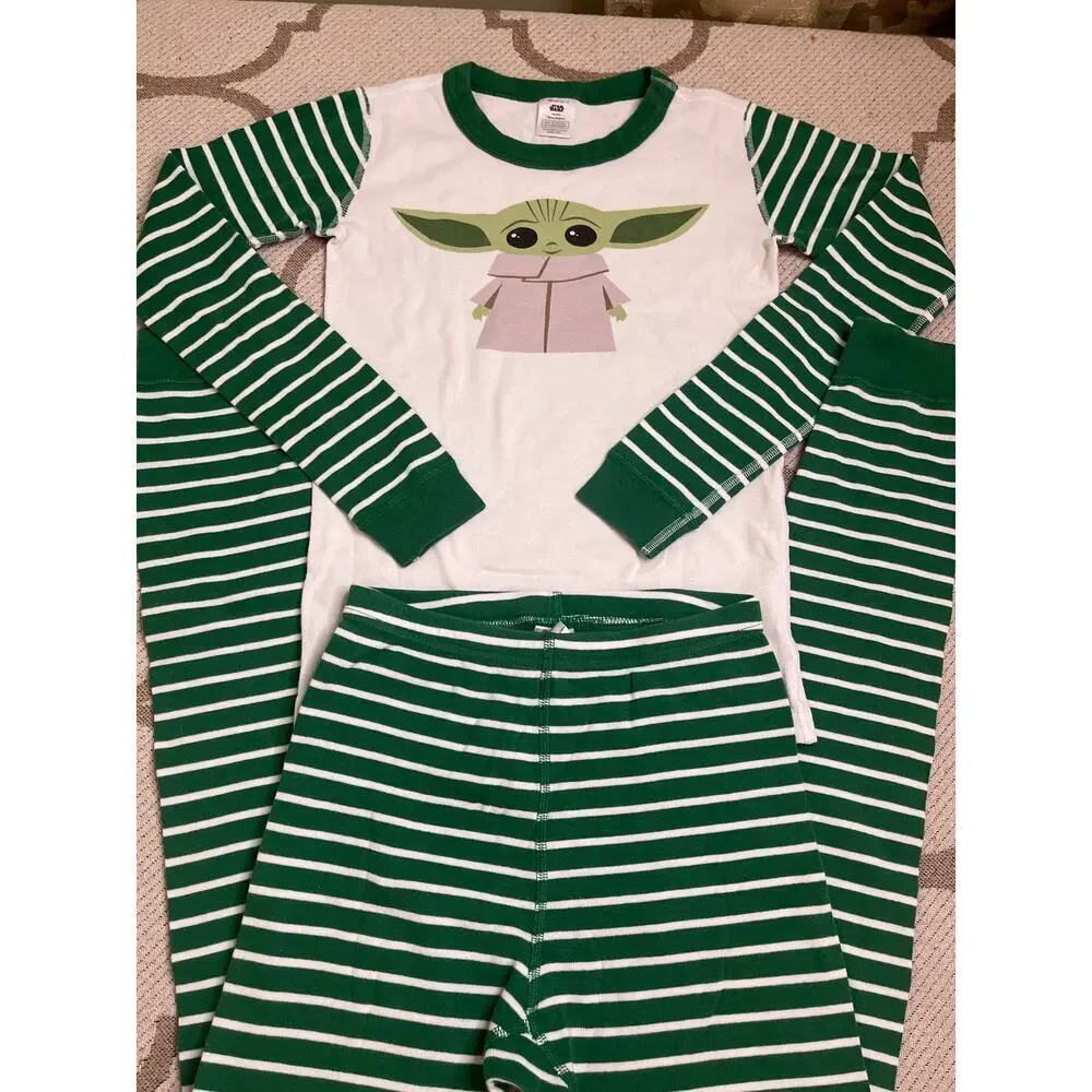 Hanna Andersson Star Wars Baby Yoda Grogu striped pajama set white/green,size 12